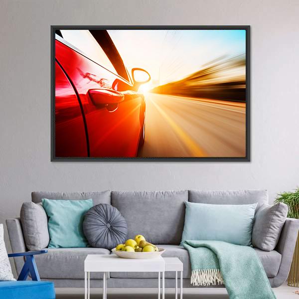 Red Car In High Speed Canvas Wall Art-3 Horizontal-Gallery Wrap-25" x 16"-Tiaracle