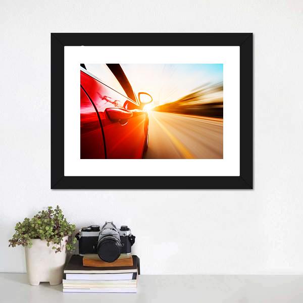 Red Car In High Speed Canvas Wall Art-1 Piece-Framed Print-20" x 16"-Tiaracle