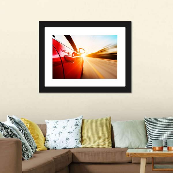 Red Car In High Speed Canvas Wall Art-3 Horizontal-Gallery Wrap-25" x 16"-Tiaracle