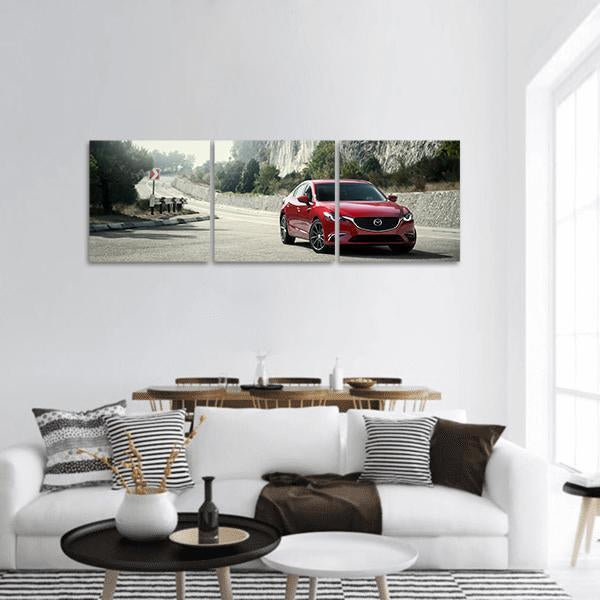 Red Car Mazda On The Road Panoramic Canvas Wall Art-3 Piece-25" x 08"-Tiaracle