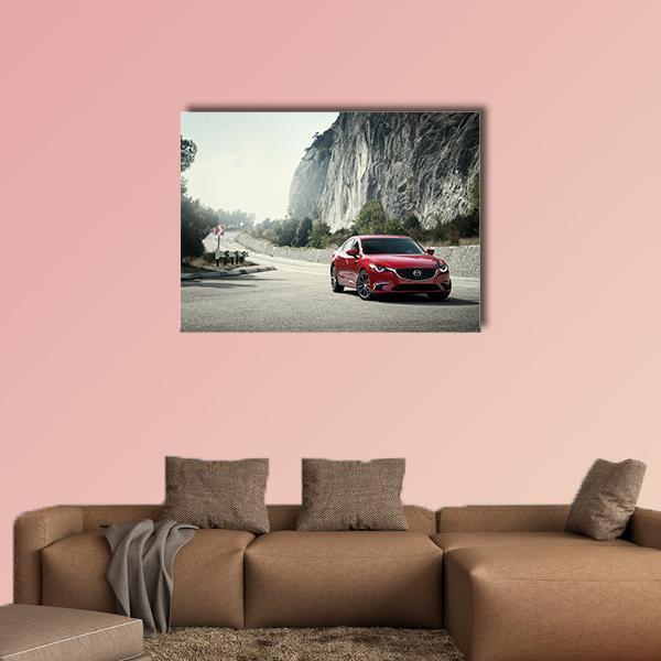 Red Car Near Mountains Canvas Wall Art-5 Horizontal-Gallery Wrap-22" x 12"-Tiaracle