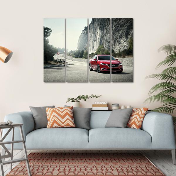 Red Car Near Mountains Canvas Wall Art-4 Horizontal-Gallery Wrap-34" x 24"-Tiaracle