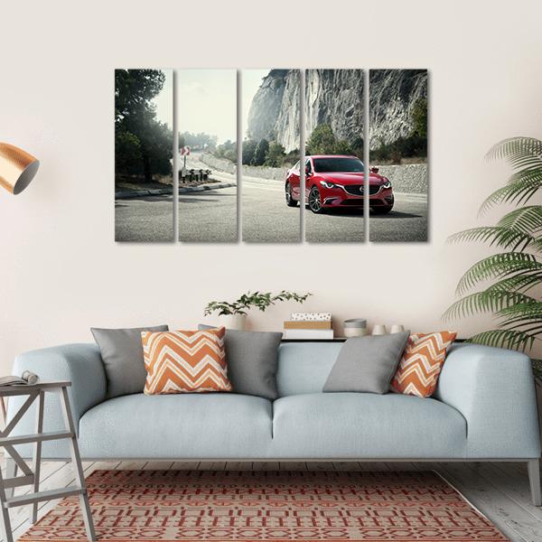 Red Car Near Mountains Canvas Wall Art-5 Horizontal-Gallery Wrap-22&quot; x 12&quot;-Tiaracle