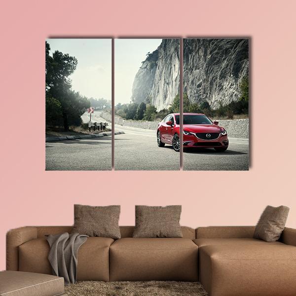 Red Car Mazda Standing On The Road Near Mountains Canvas Wall Art-3 Horizontal-Gallery Wrap-37" x 24"-Tiaracle