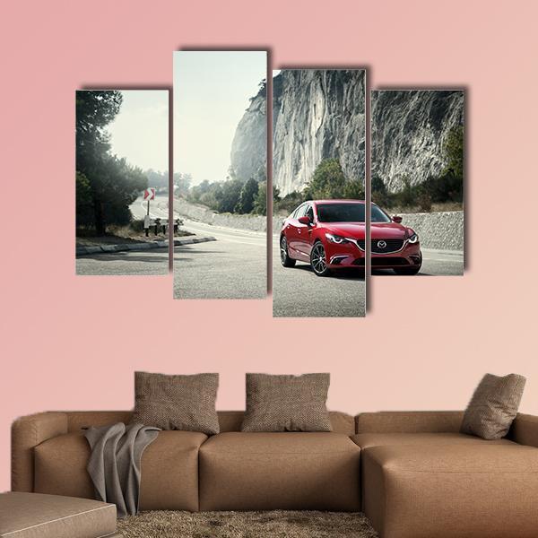 Red Car Mazda Standing On The Road Near Mountains Canvas Wall Art-4 Pop-Gallery Wrap-50" x 32"-Tiaracle