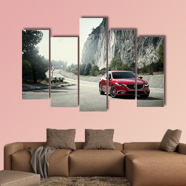Red Car Mazda Standing On The Road Near Mountains Canvas Wall Art-5 Pop-Gallery Wrap-47" x 32"-Tiaracle