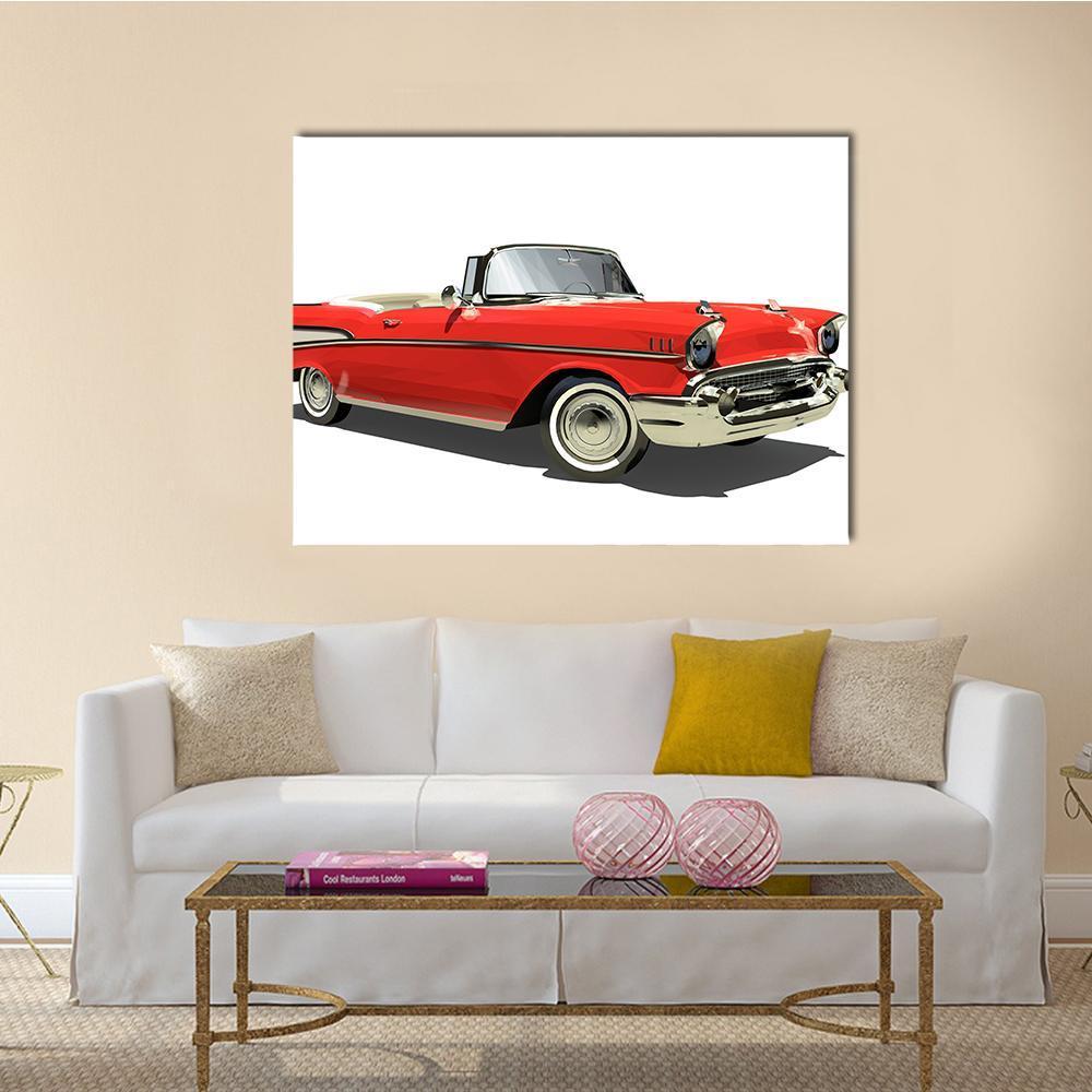 Red Convertible with White Interior Canvas Wall Art in black, white and red, single panel hung on a wall