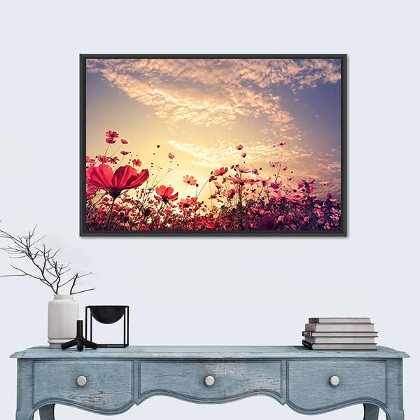 Red Cosmos Flower Field with Sunshine Canvas Wall Art in red, yellow and pink, framed canvas, product view on a white background