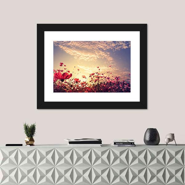 Red Cosmos Flower Field with Sunshine Canvas Wall Art in red, yellow and pink, framed print, product view on a white background
