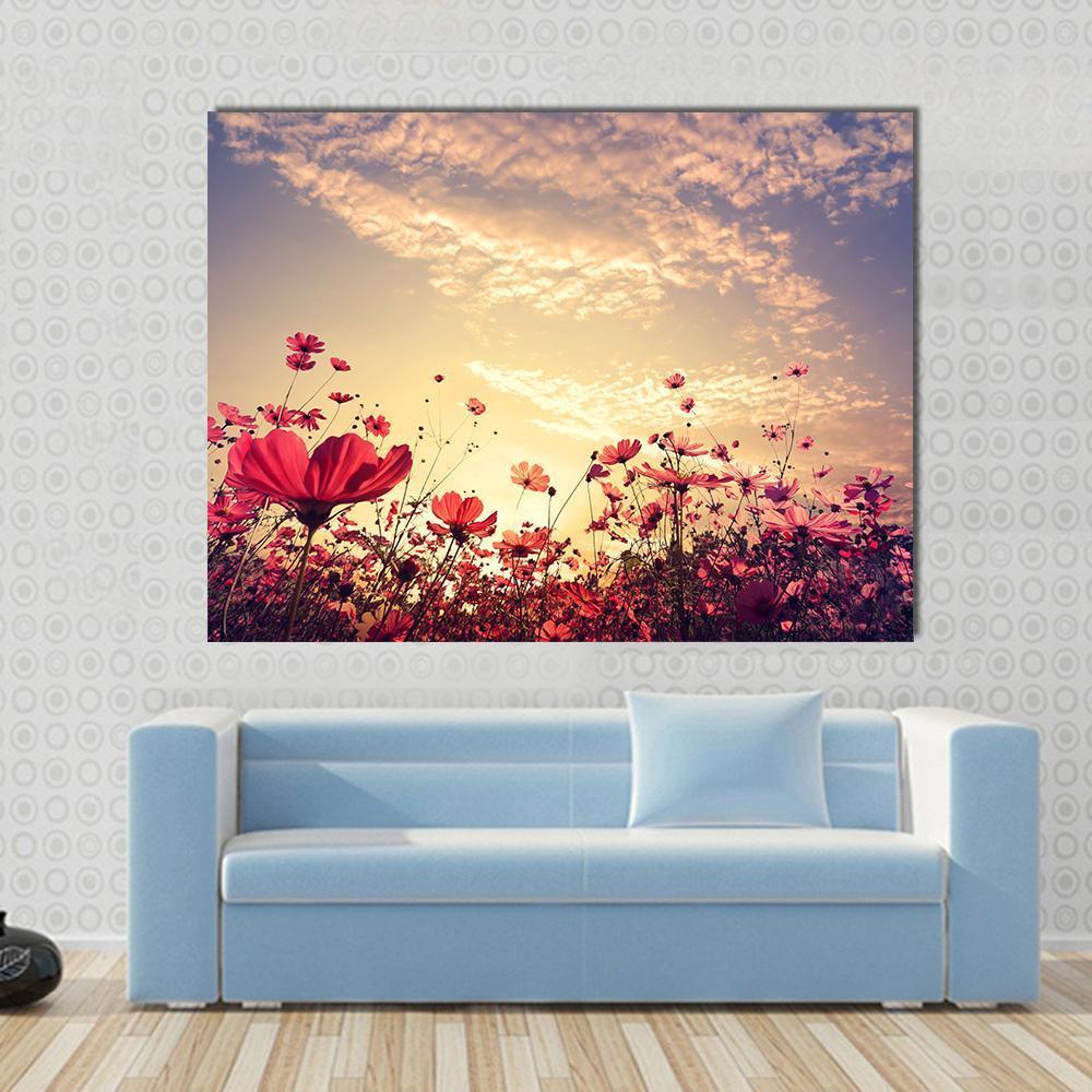 Red Cosmos Flower Field with Sunshine Canvas Wall Art in red, yellow and pink, 4 panel Pop layout hung on a wall