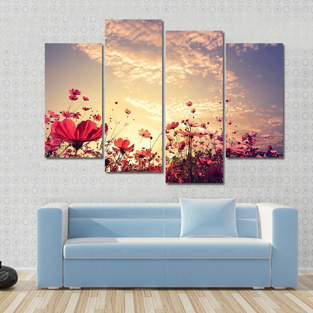 Red Cosmos Flower Field With Sunshine Canvas Wall Art-4 Pop-Gallery Wrap-50" x 32"-Tiaracle