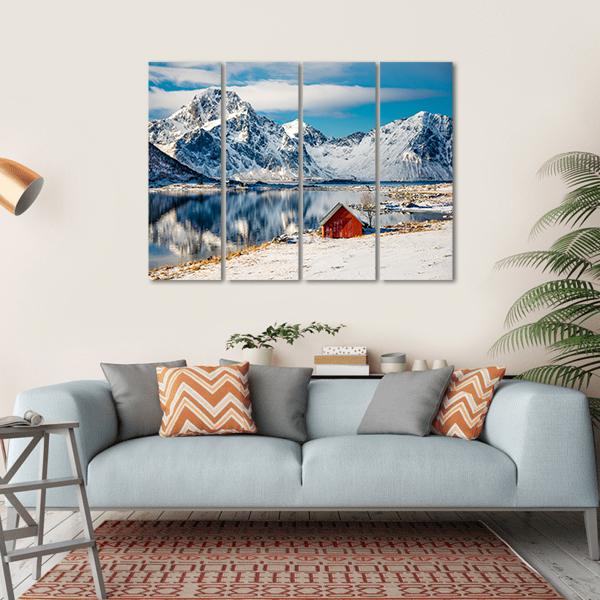 Red Cottage Near The Lake Water Canvas Wall Art-4 Horizontal-Gallery Wrap-34" x 24"-Tiaracle