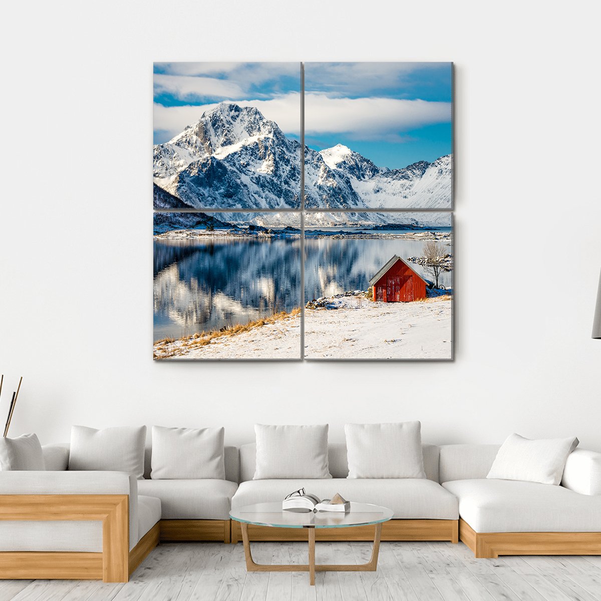 Red Cottage Near The Lake Water Canvas Wall Art-4 Square-Gallery Wrap-17" x 17"-Tiaracle