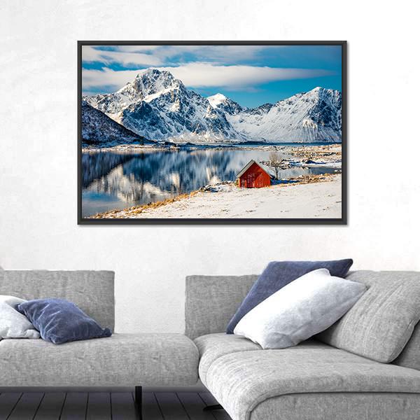 Red Cottage Near The Lake Water Canvas Wall Art-3 Horizontal-Gallery Wrap-25" x 16"-Tiaracle