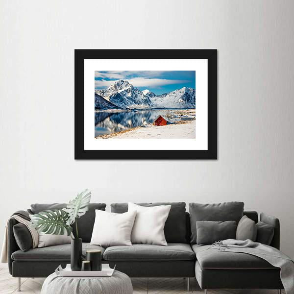Red Cottage Near The Lake Water Canvas Wall Art-3 Horizontal-Gallery Wrap-25" x 16"-Tiaracle