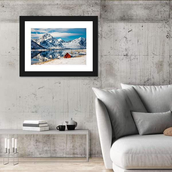 Red Cottage Near The Lake Water Canvas Wall Art-3 Horizontal-Gallery Wrap-25" x 16"-Tiaracle