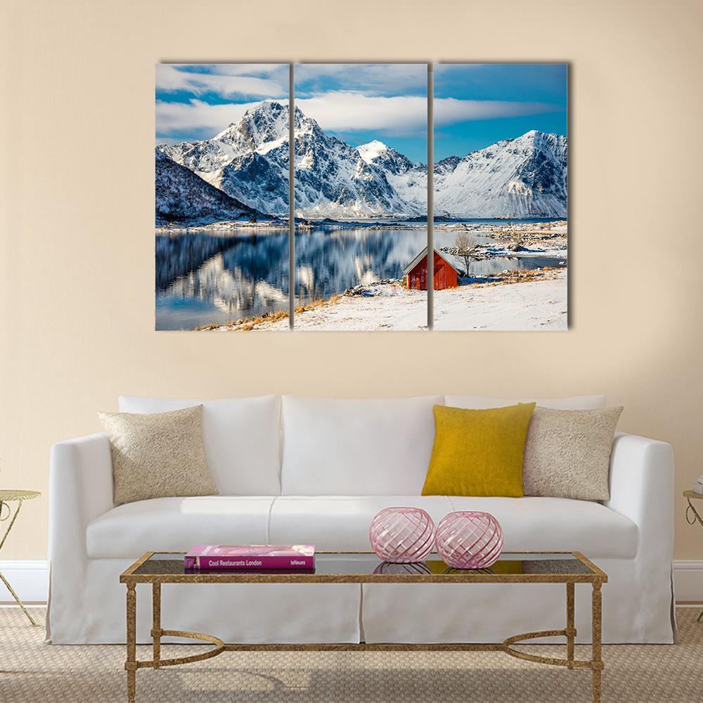 Red Cottage Near The Lake Water Canvas Wall Art-3 Horizontal-Gallery Wrap-37" x 24"-Tiaracle