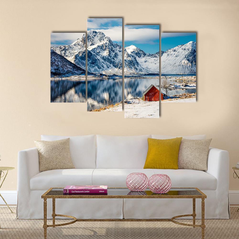 Red Cottage Near The Lake Water Canvas Wall Art-4 Pop-Gallery Wrap-50" x 32"-Tiaracle