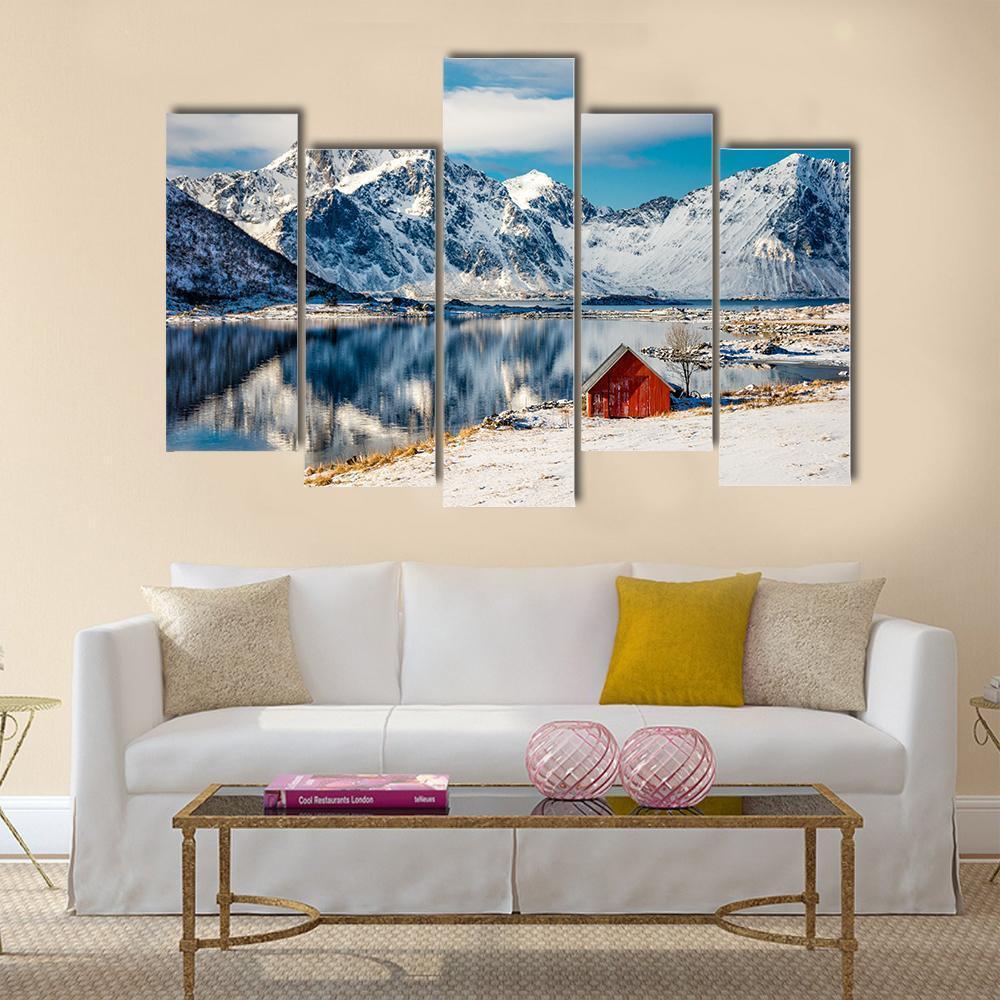 Red Cottage Near The Lake Water Canvas Wall Art-5 Pop-Gallery Wrap-47" x 32"-Tiaracle