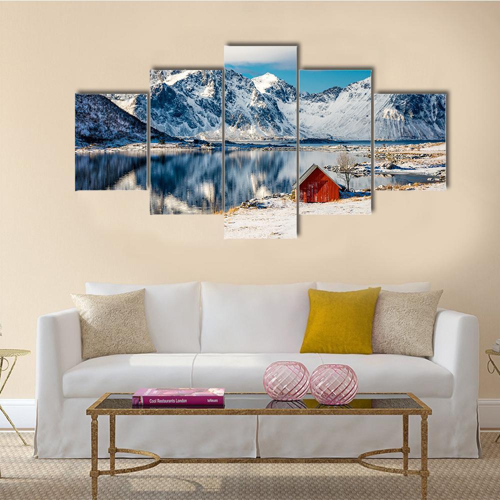 Red Cottage Near The Lake Water Canvas Wall Art-5 Star-Gallery Wrap-62" x 32"-Tiaracle