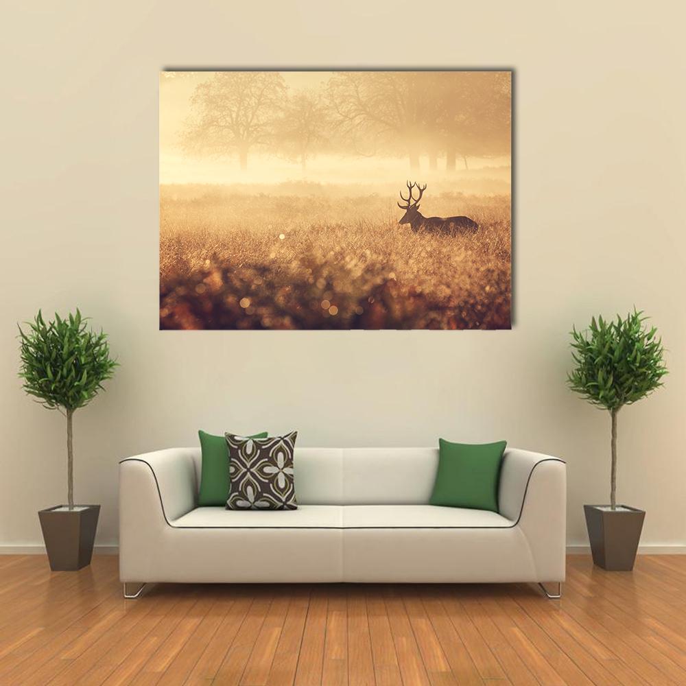 Red Deer Stag in Autumn Mist Canvas Wall Art in beige, brown and yellow, single panel hung on a wall