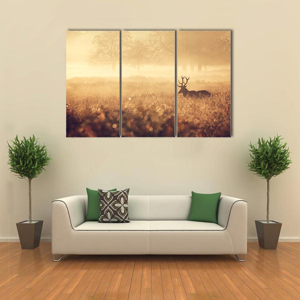 Red Deer Stag In Autumn Mist Canvas Wall Art-3 Horizontal-Gallery Wrap-25" x 16"-Tiaracle