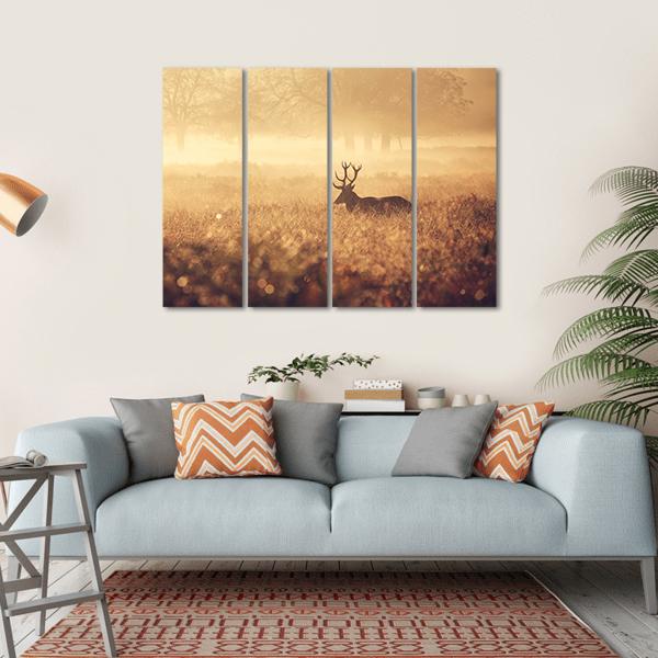 Red Deer Stag In Autumn Mist Canvas Wall Art-4 Horizontal-Gallery Wrap-34" x 24"-Tiaracle