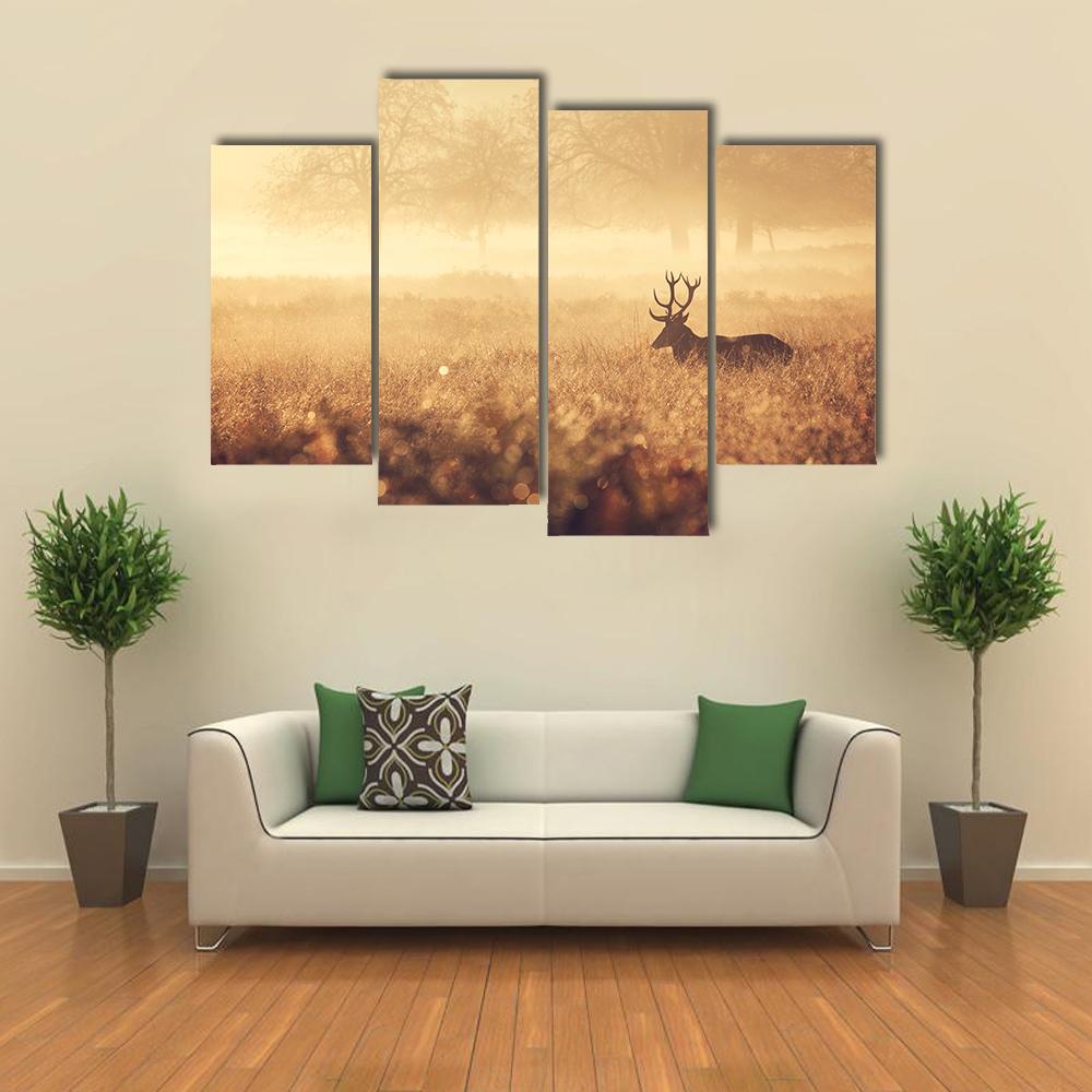 Red Deer Stag In Autumn Mist Canvas Wall Art-4 Pop-Gallery Wrap-34" x 20"-Tiaracle