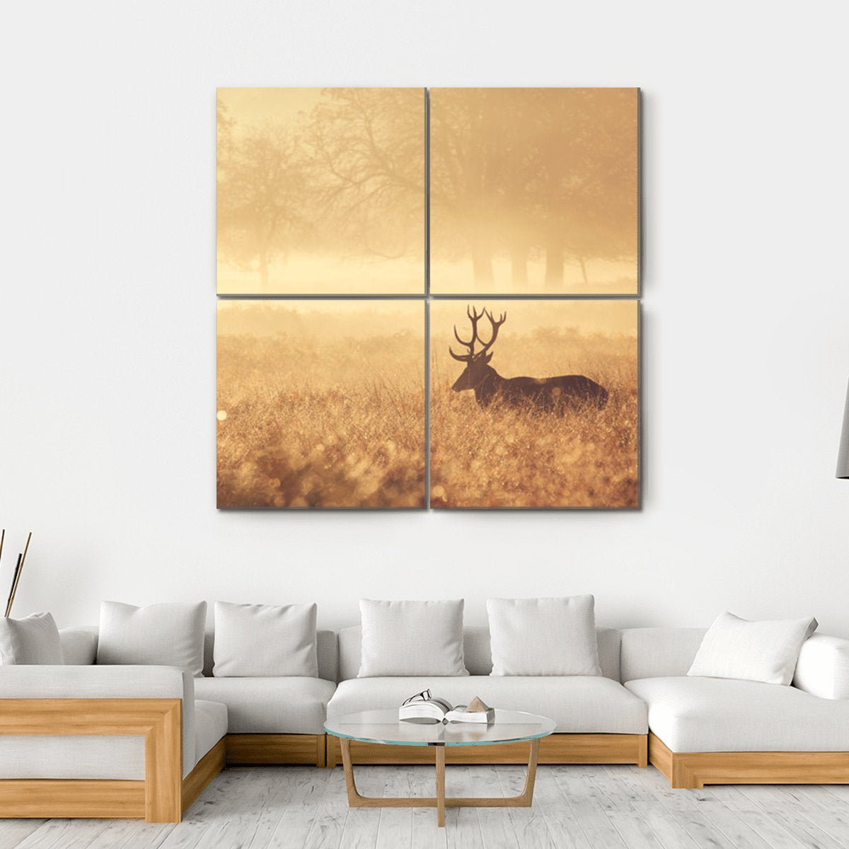 Red Deer Stag In Autumn Mist Canvas Wall Art-4 Square-Gallery Wrap-17" x 17"-Tiaracle