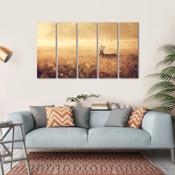 Red Deer Stag In Autumn Mist Canvas Wall Art-5 Horizontal-Gallery Wrap-22" x 12"-Tiaracle