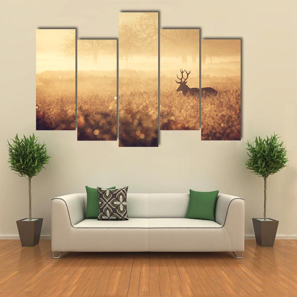 Red Deer Stag In Autumn Mist Canvas Wall Art-5 Pop-Gallery Wrap-32" x 21"-Tiaracle