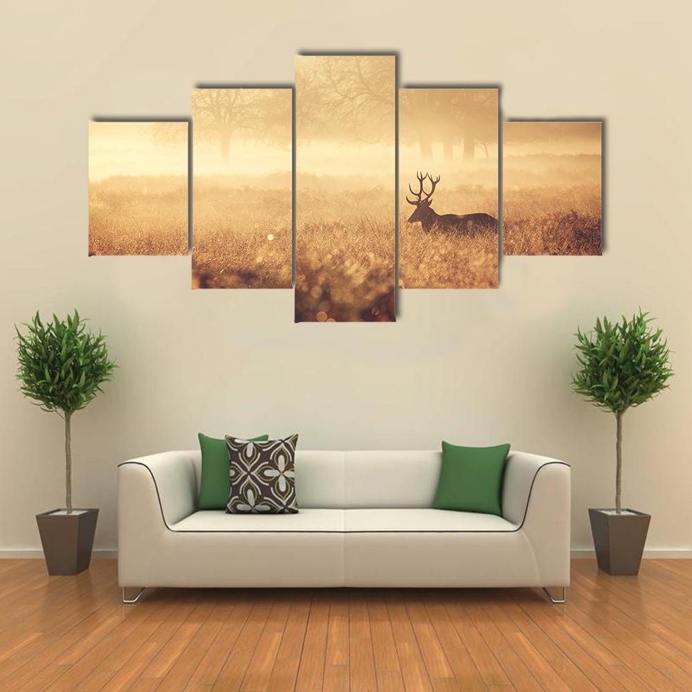 Red Deer Stag In Autumn Mist Canvas Wall Art-5 Star-Gallery Wrap-42" x 21"-Tiaracle