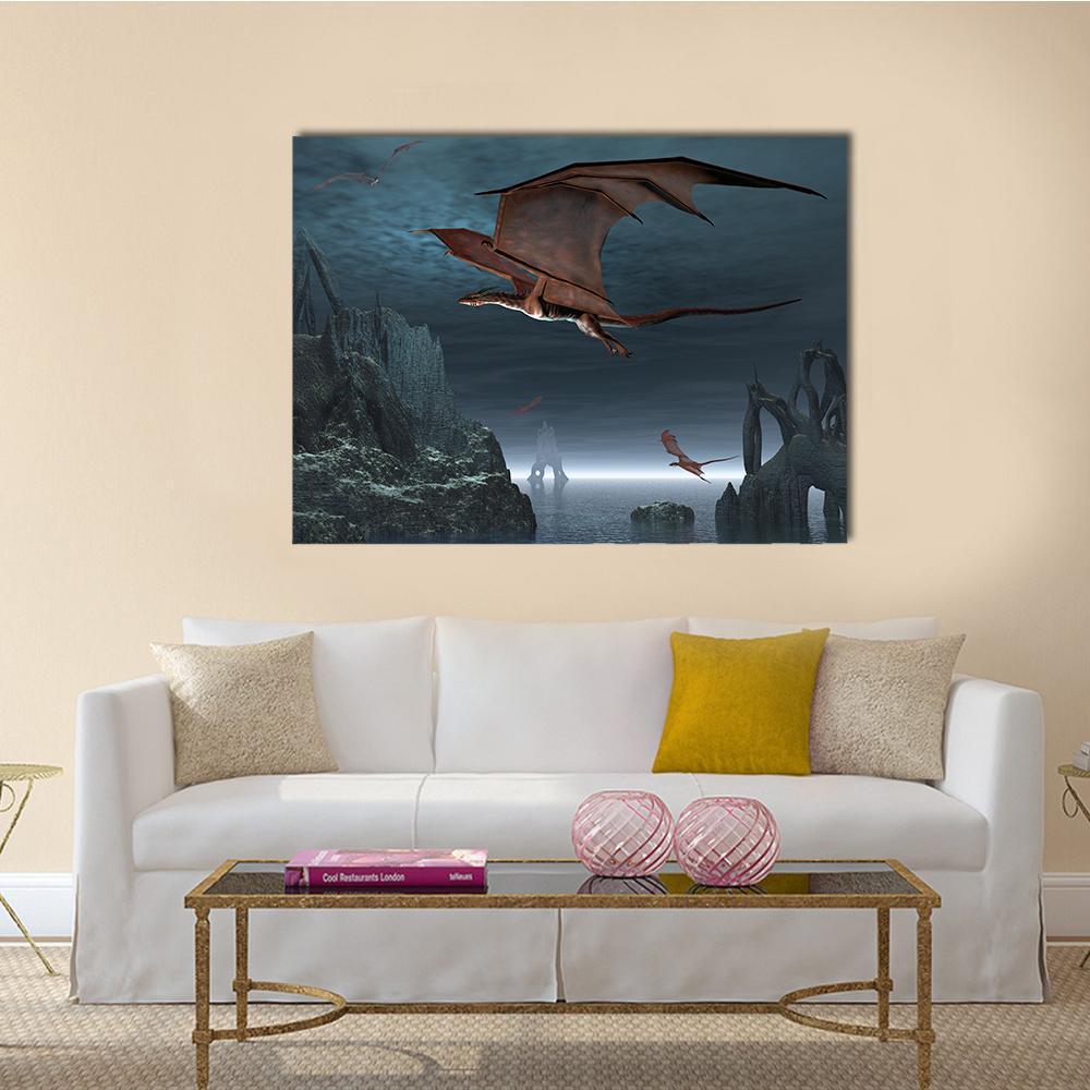 Red Dragons in Flight Canvas Wall Art in black, red and blue, single panel hung on a wall