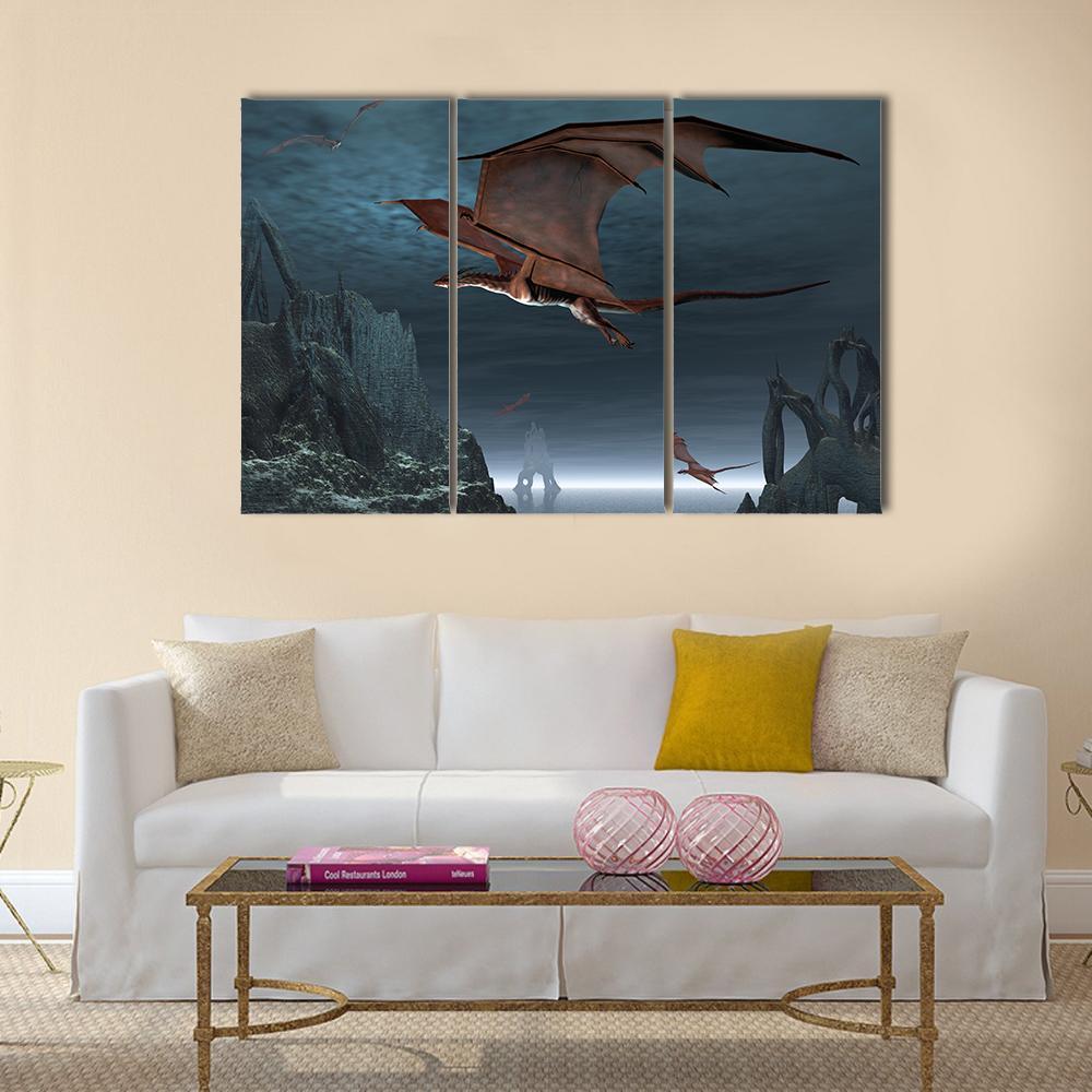 Red Dragons Flying Canvas Wall Art-3 Horizontal-Gallery Wrap-37" x 24"-Tiaracle