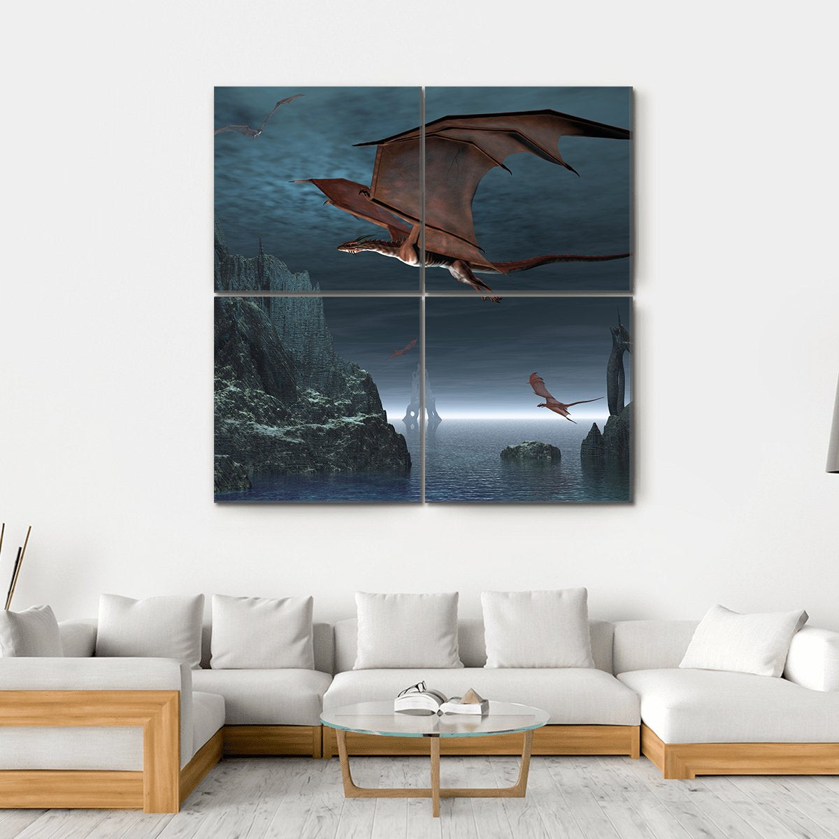 Red Dragons Flying Canvas Wall Art-4 Square-Gallery Wrap-17" x 17"-Tiaracle