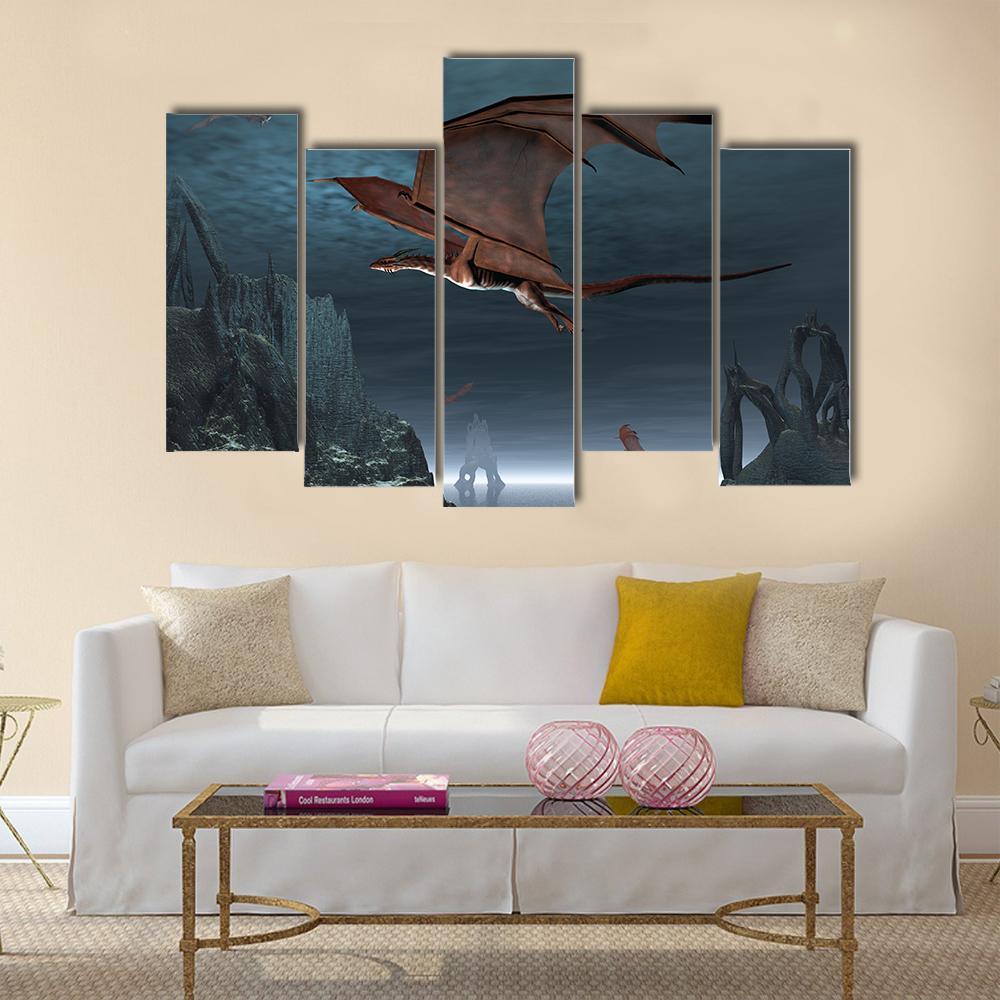 Red Dragons Flying Canvas Wall Art-5 Pop-Gallery Wrap-47" x 32"-Tiaracle