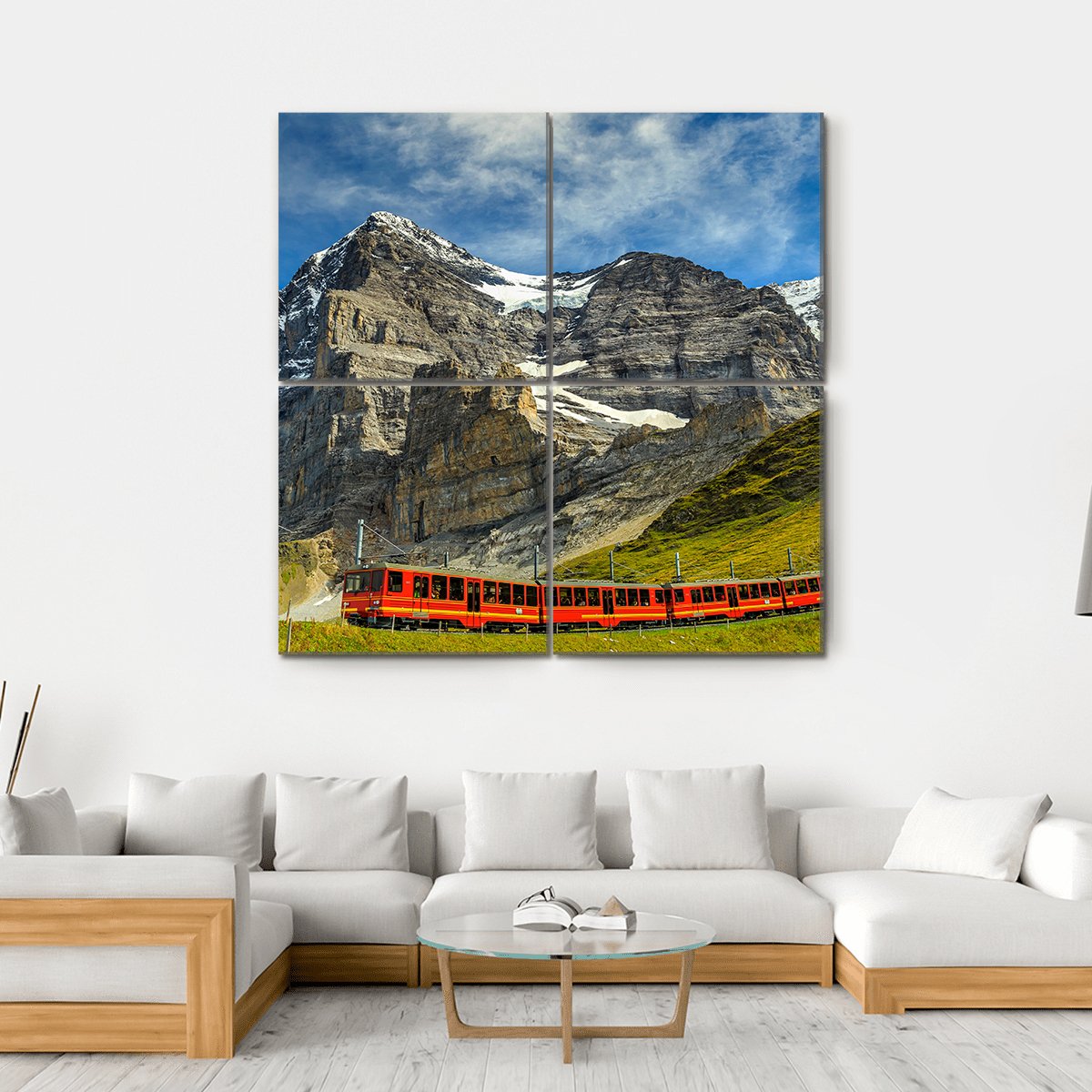 Red Electric Train Switzerland Canvas Wall Art-4 Square-Gallery Wrap-17" x 17"-Tiaracle
