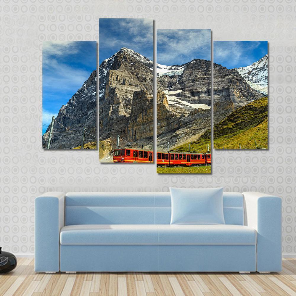 Red Electric Train Switzerland Canvas Wall Art-4 Pop-Gallery Wrap-50" x 32"-Tiaracle