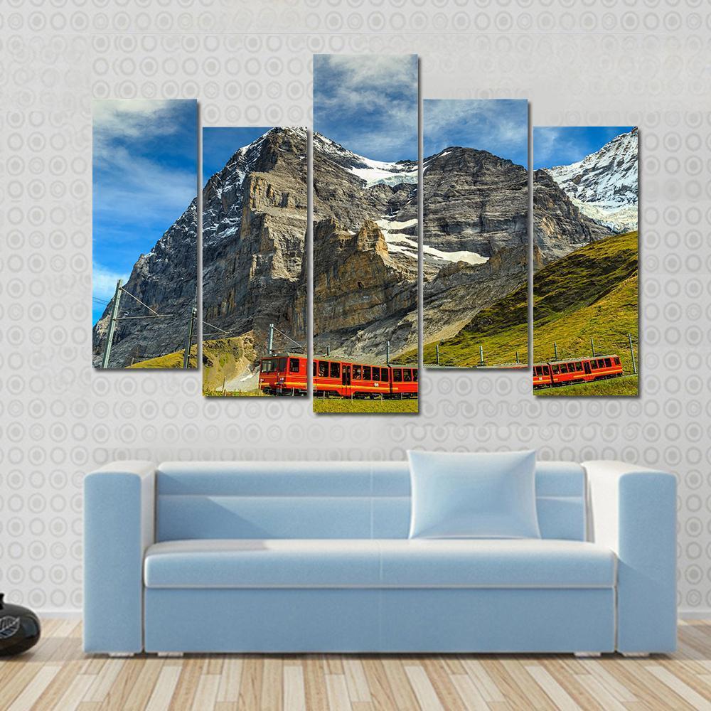 Red Electric Train Switzerland Canvas Wall Art-3 Horizontal-Gallery Wrap-37" x 24"-Tiaracle
