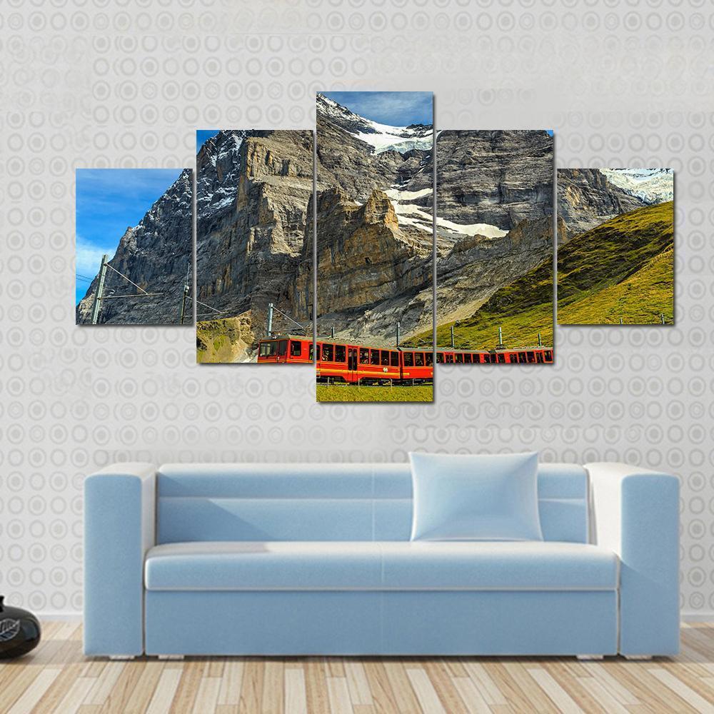 Red Electric Train Switzerland Canvas Wall Art-5 Star-Gallery Wrap-62" x 32"-Tiaracle