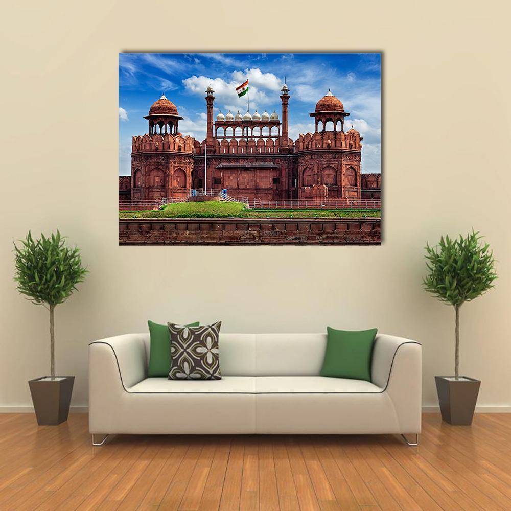 Lal Qila in Delhi Canvas Wall Art in brown, red and blue, single panel hung on a wall