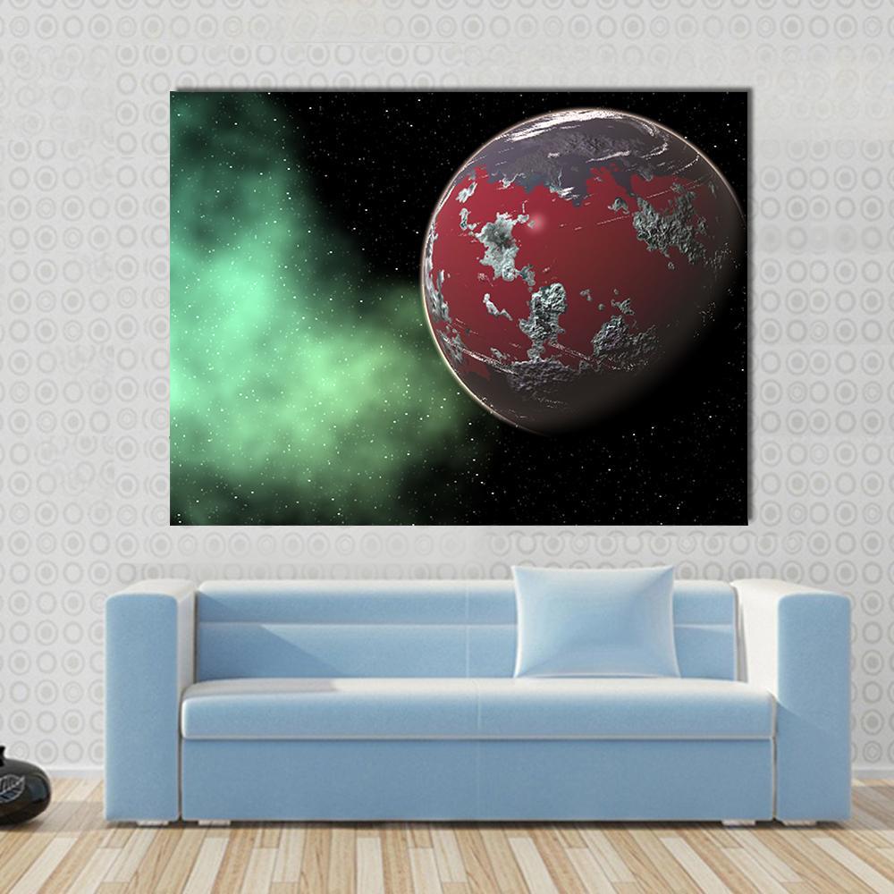 Red Gas Giant Yavin in Deep Space Canvas Wall Art in black, red and green, single panel hung on a wall