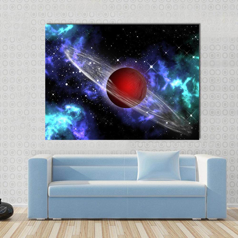 Red Gas Planet with Translucent Rings Canvas Wall Art in black, red and blue, single panel hung on a wall