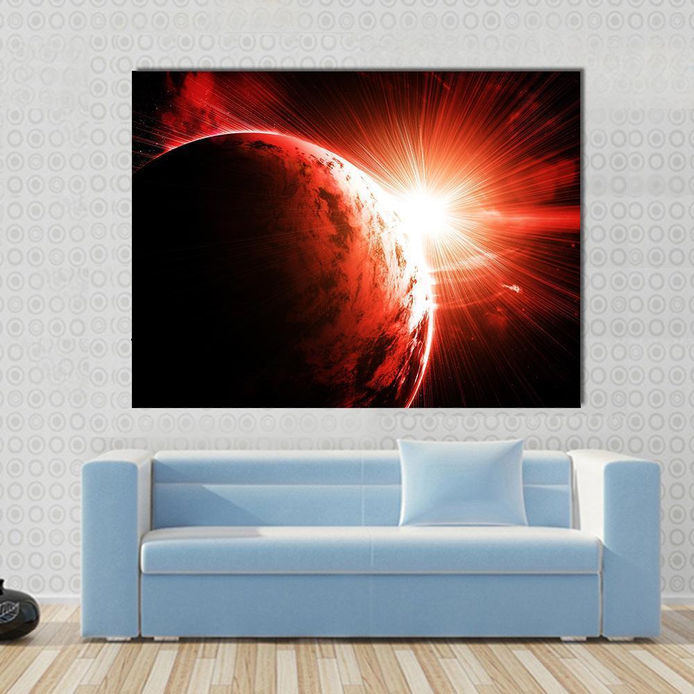 Red Gasy Planet with Its Star Canvas Wall Art in black and red, single panel hung on a wall