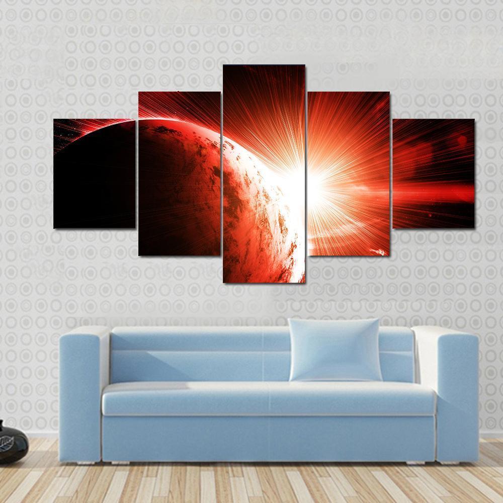 Red Gasy Planet With Its Star Canvas Wall Art-5 Star-Gallery Wrap-62" x 32"-Tiaracle