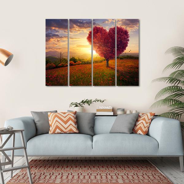 Red Heart Shaped Tree At Sunset Canvas Wall Art-4 Horizontal-Gallery Wrap-34" x 24"-Tiaracle