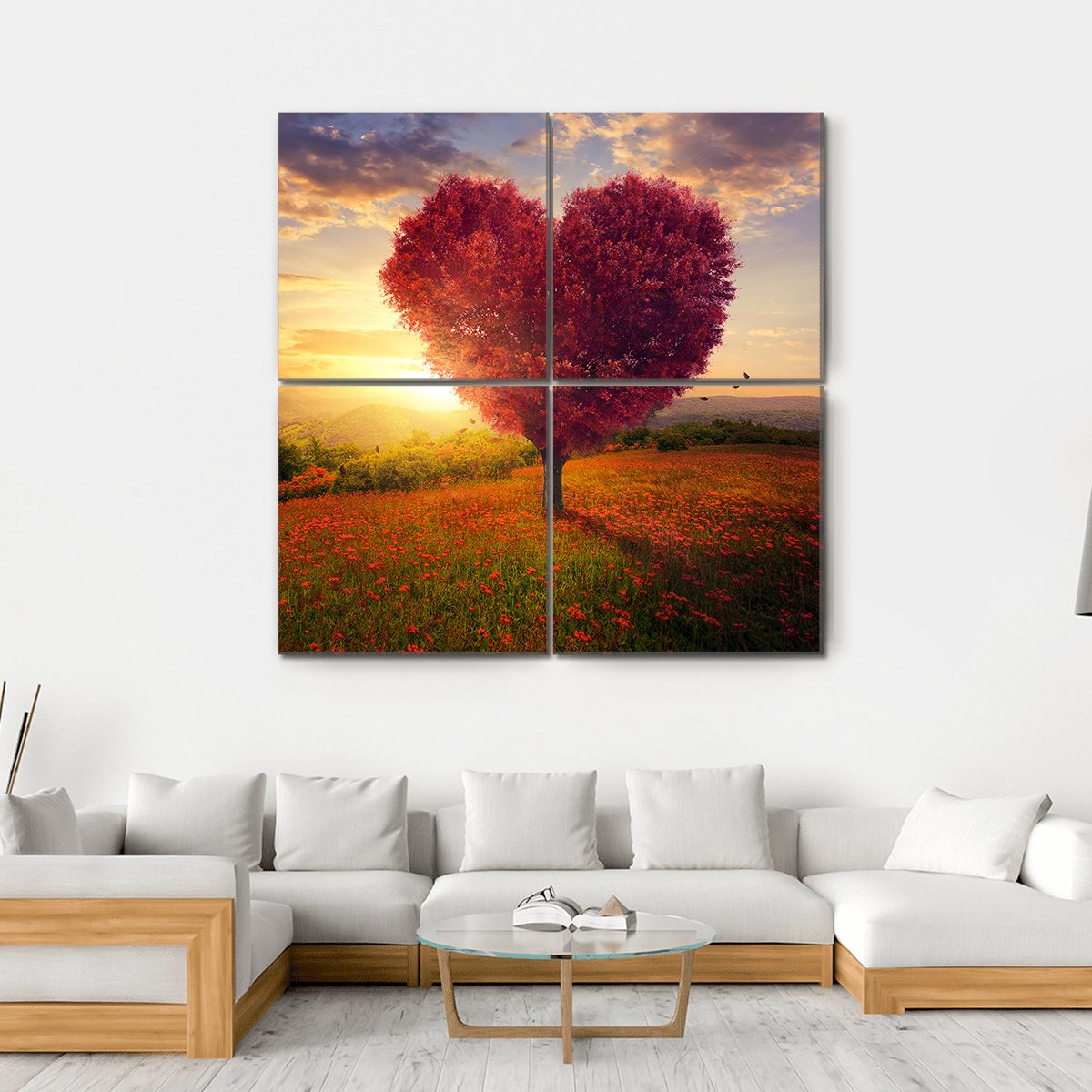 Red Heart Shaped Tree At Sunset Canvas Wall Art-4 Square-Gallery Wrap-17" x 17"-Tiaracle