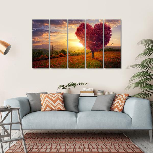 Red Heart Shaped Tree At Sunset Canvas Wall Art-5 Horizontal-Gallery Wrap-22" x 12"-Tiaracle