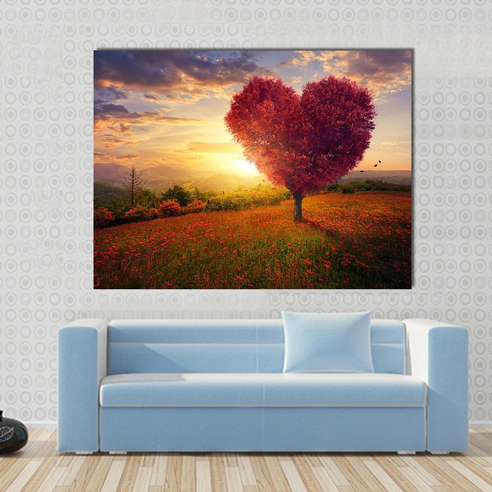 Red Heart Shaped Tree At Sunset Canvas Wall Art - Tiaracle