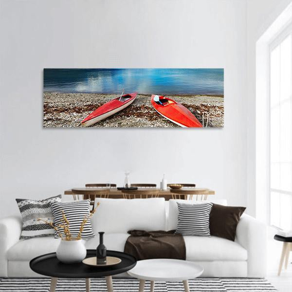 Red Kayaks At Lake Wakatipu Panoramic Canvas Wall Art-3 Piece-25" x 08"-Tiaracle